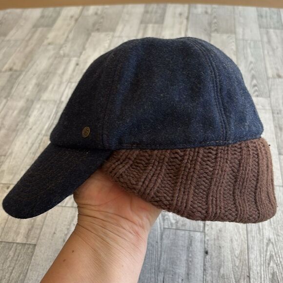 Ear-Flap Hat Blue Wool brown cableknit plaid flannel lined S/M Gap Vintage - Picture 10 of 12